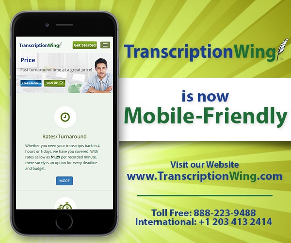 Mobile phone displaying Transcriptionwing website