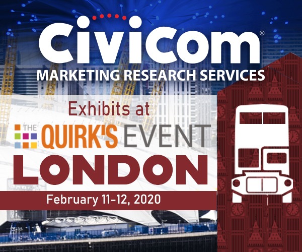 Civicommrs exhibiting their marketing research services at Quirk's Event, London.