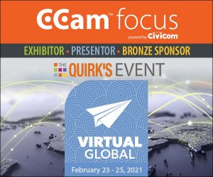 Civicom® CCam™ focus Quirk's Virtual Event Bronze Sponsorship