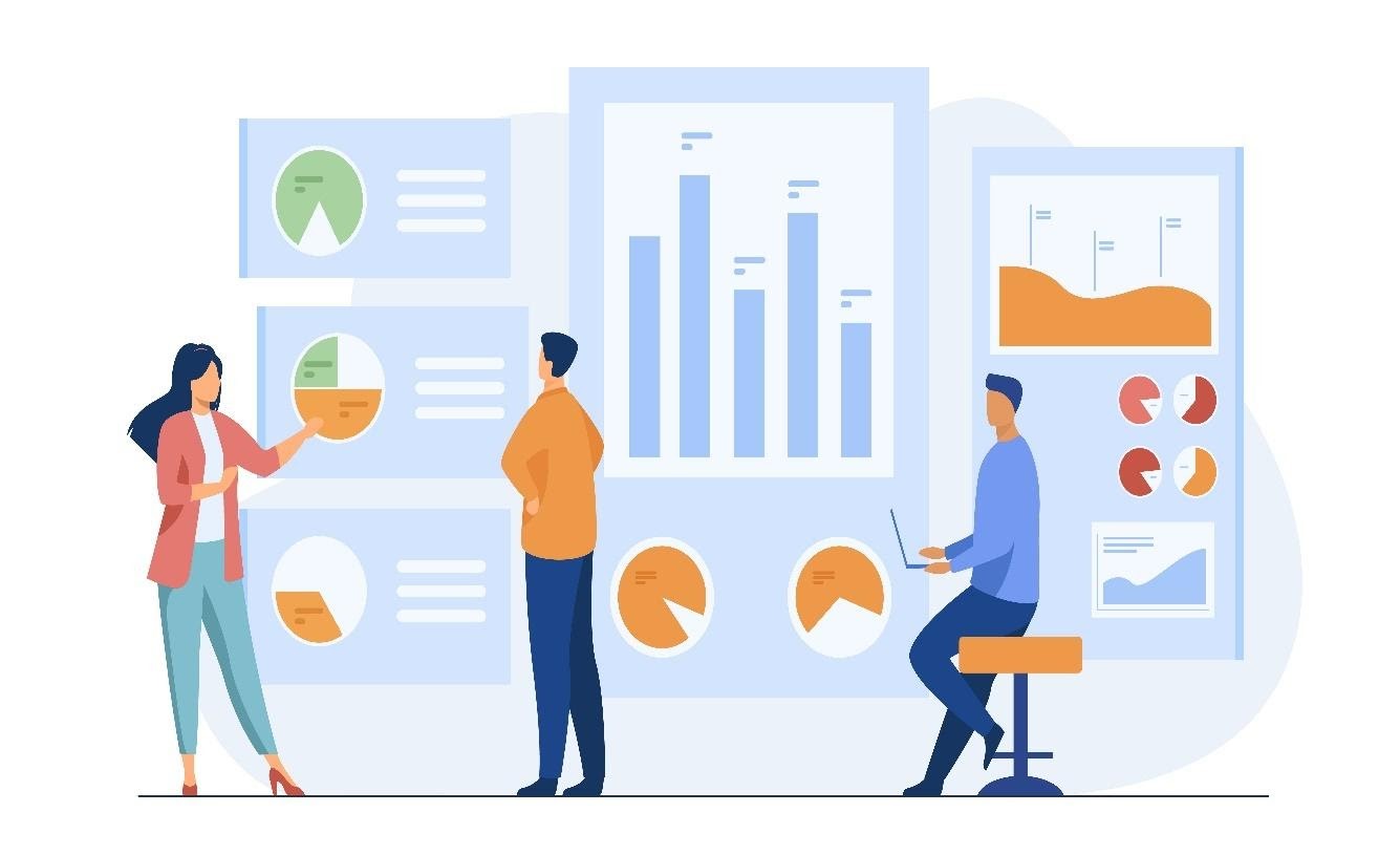 an animated image of one female and two male market researchers analyzing graphs and charts in front of them