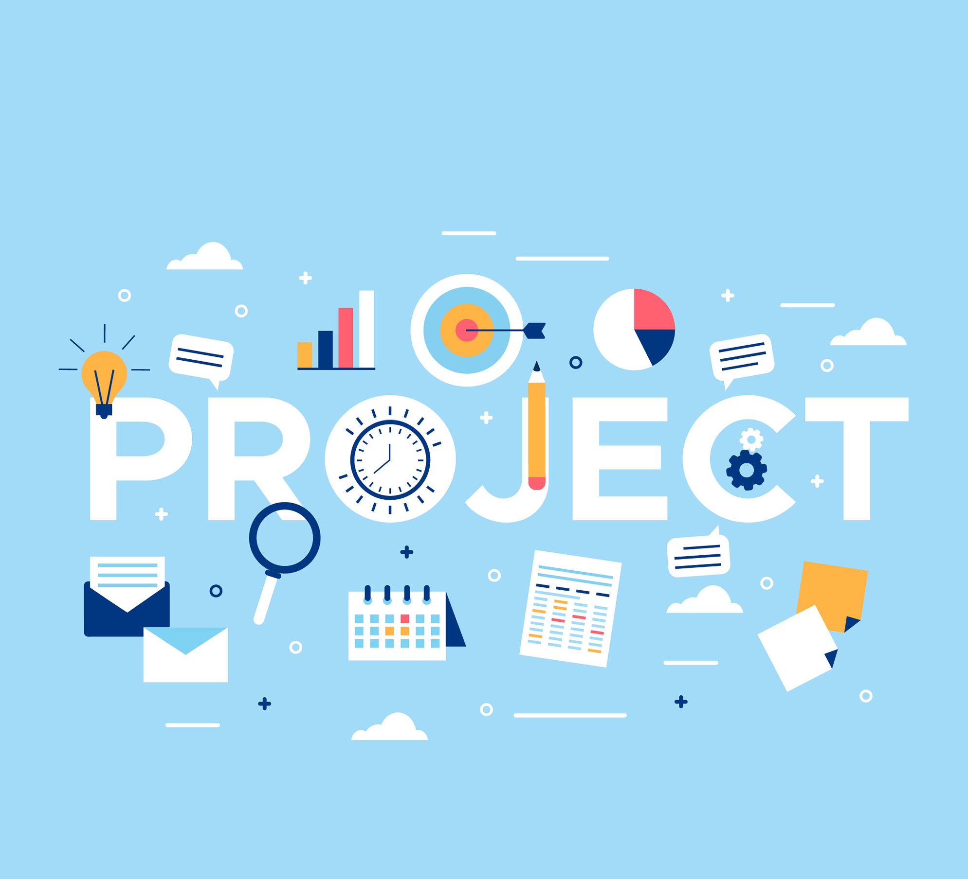 tiny icons of mails, calendar, press release, charts, goals, and messages depicting project management