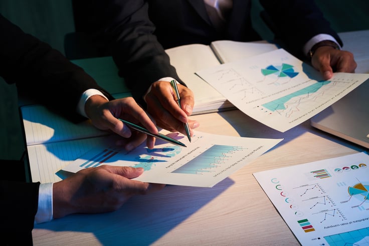 two male employees discussing about graphs and charts of their competitors' businesses