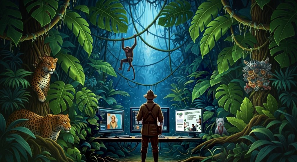 In a lush jungle, a man uses a computer as a monkey watches him intently from a nearby branch.
