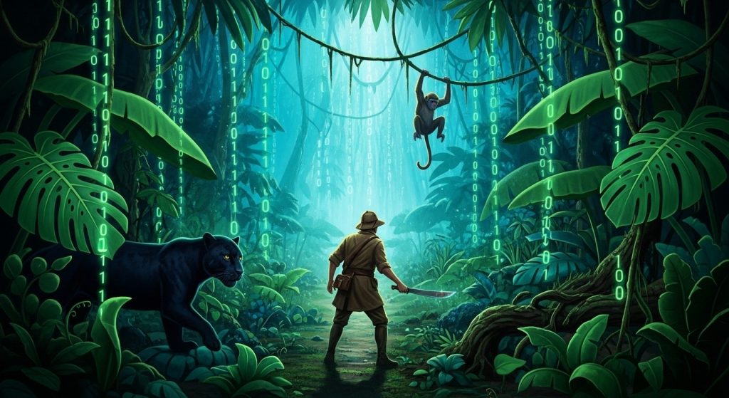 An illustration of a man wielding a knife in a dense jungle setting, surrounded by lush greenery and tropical plants.
