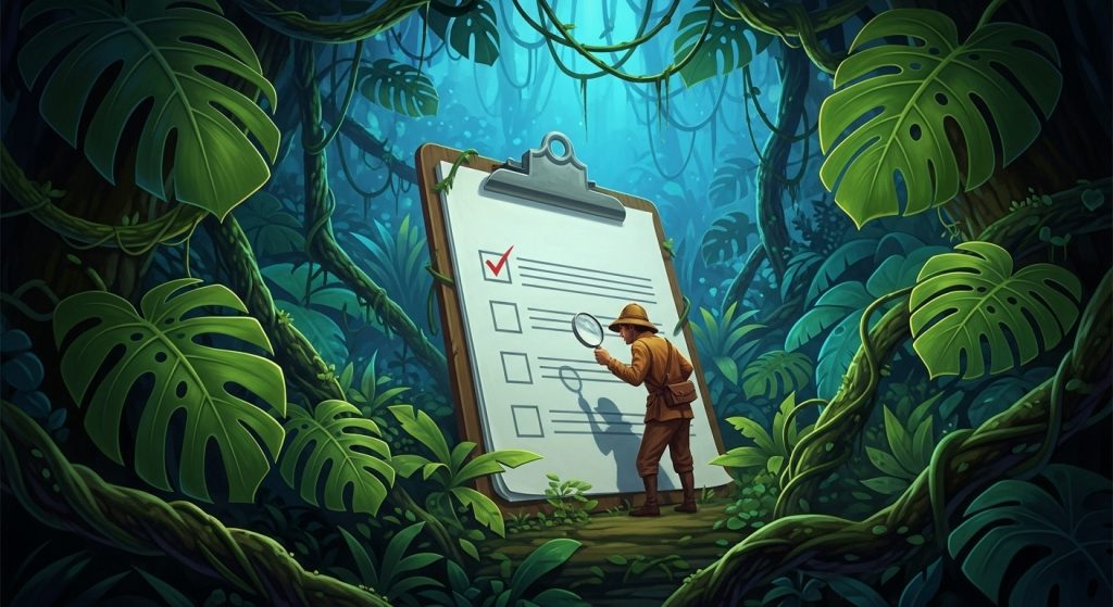 A man stands in a jungle, holding a clipboard and pen, appearing to take notes or conduct research.