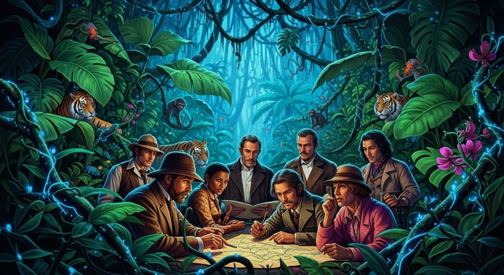 An image of a colorful jigsaw puzzle game displayed on a wooden table, with several pieces scattered around.
