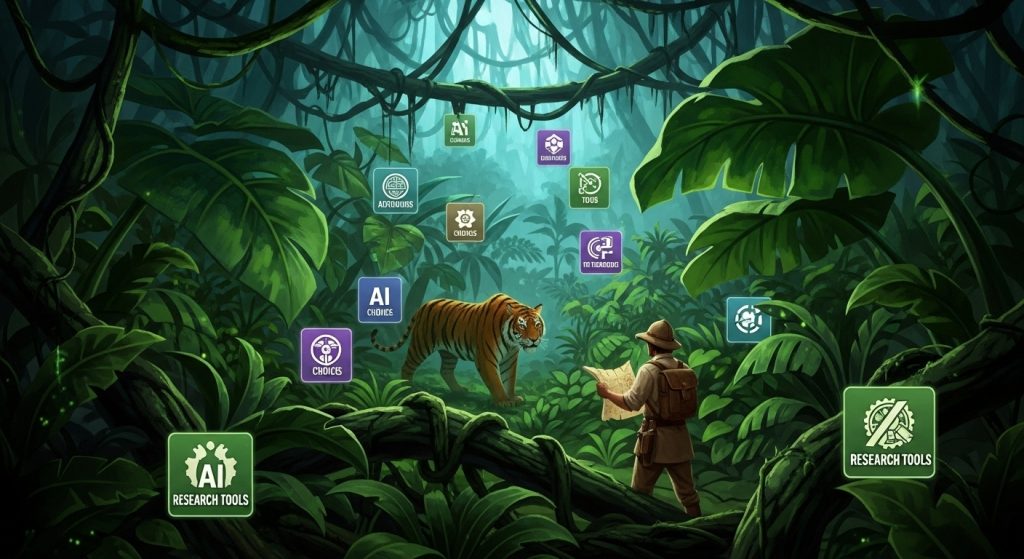 A man navigates the jungle with a map, while a tiger observes him from the underbrush.