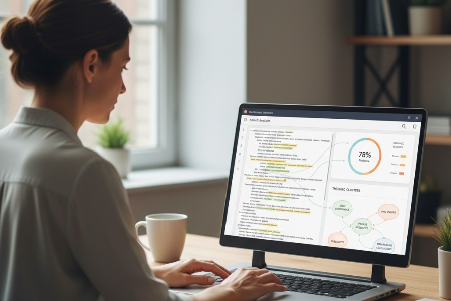A woman focused on her laptop, developing a project management plan in a bright, organized workspace
