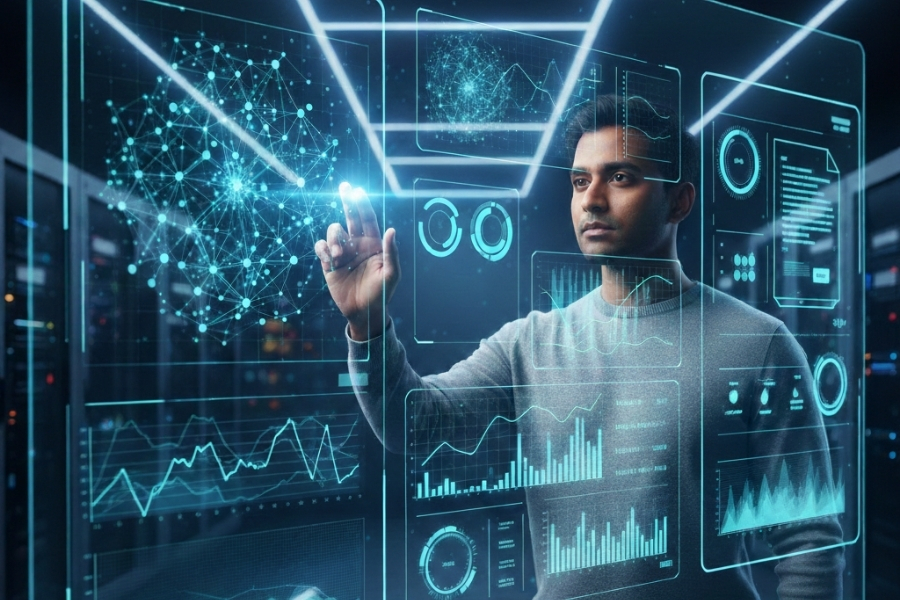 Man engaging with AI tools to analyze digital data